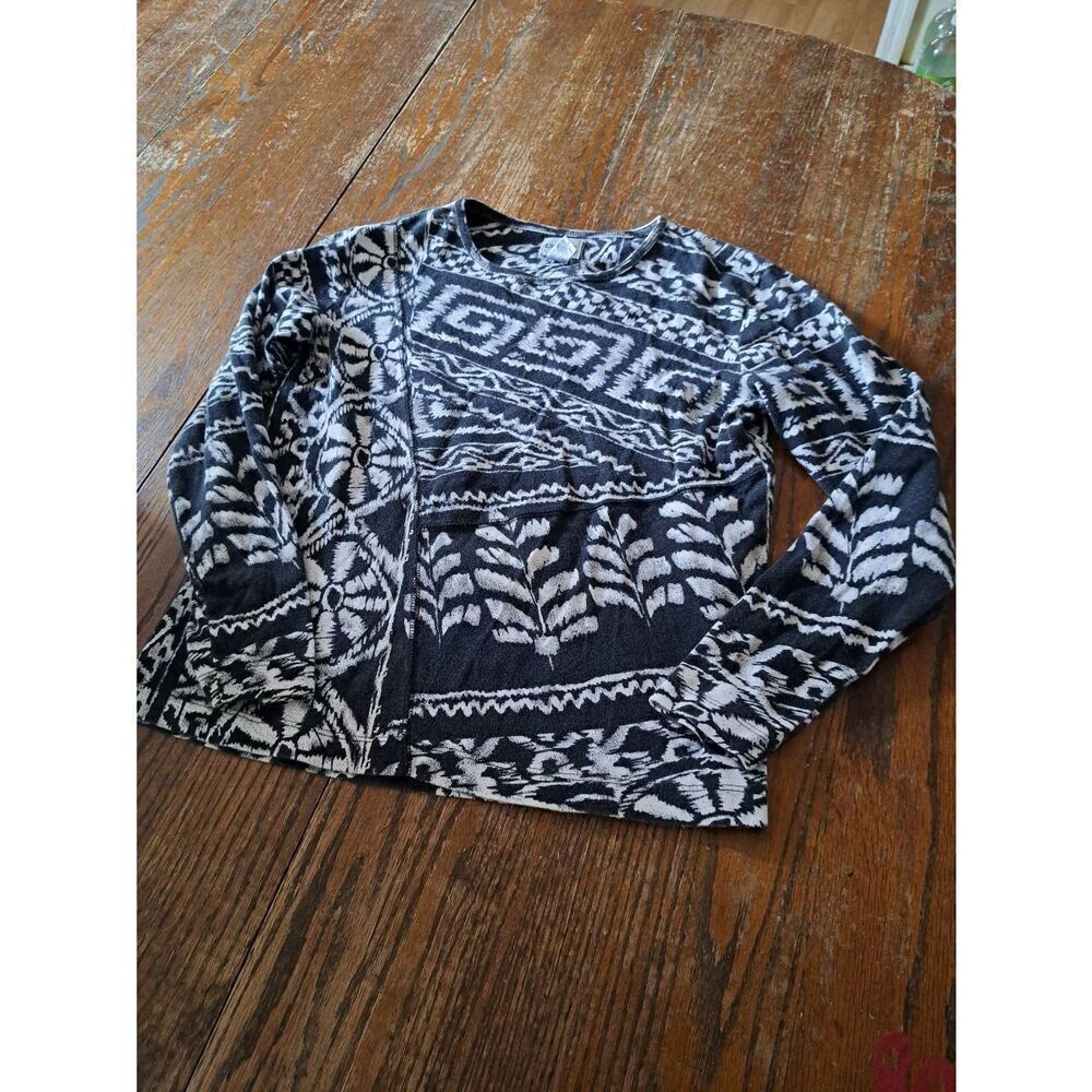 Small Size 4 Chicos 0 Black Off White Long Sleeve  Cotton Pullover Shirt
